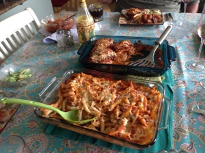 Baked Ziti (foreground); Chicken & Eggplant Parmigiana (background); note the meats cooked in the"gravy" are served as a side dish with a bit of extra sauce/gravy